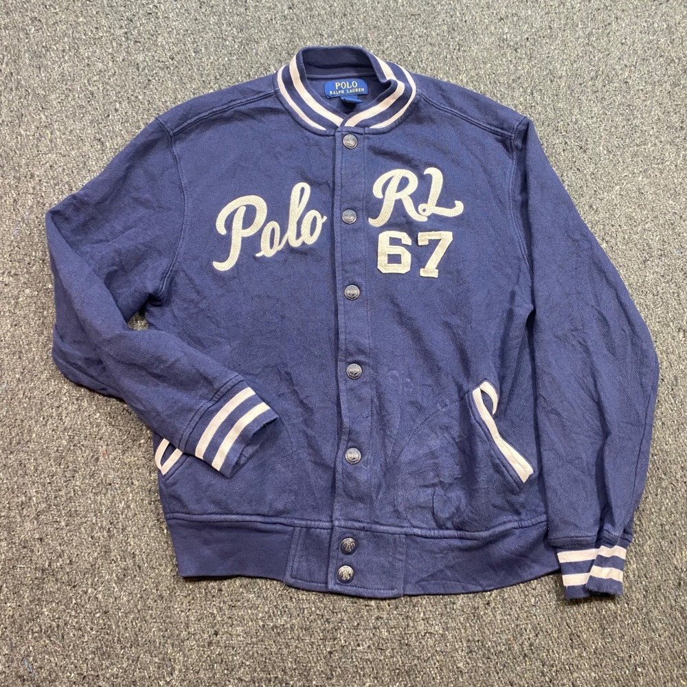 Polo Ralph Lauren Varsity Cardigan Sz L Boys Navy Preppy Collegiate RL 67 Jacket